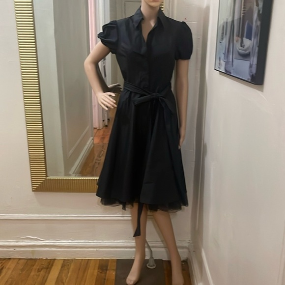 BCBGMaxAzria Black A-Line Peplum Dress with Puff Sleeves - Picture 1 of 16